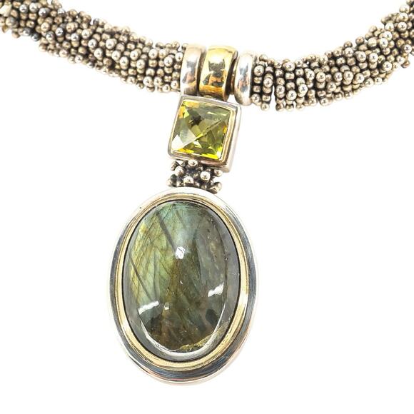 Michael Dawkins 925 Sterling Caviar Beaded Necklace Labradorite Peridot Pendant - Picture 14 of 16